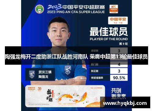 陶强龙梅开二度助浙江队战胜河南队 荣膺中超第13轮最佳球员