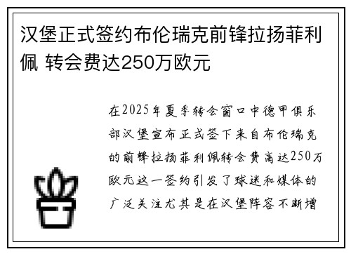 汉堡正式签约布伦瑞克前锋拉扬菲利佩 转会费达250万欧元
