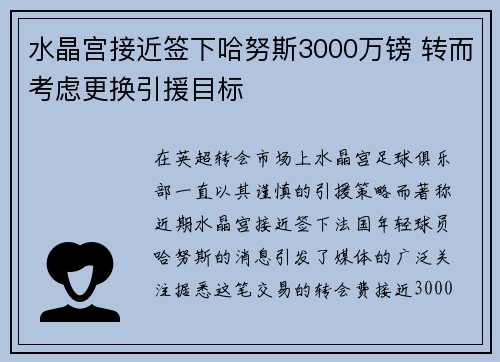 水晶宫接近签下哈努斯3000万镑 转而考虑更换引援目标