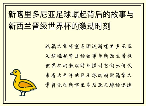 新喀里多尼亚足球崛起背后的故事与新西兰晋级世界杯的激动时刻